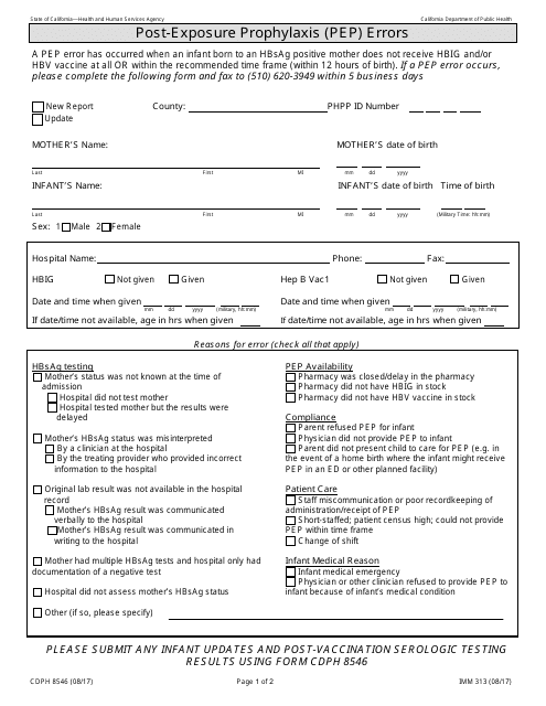 Form CDPH8546 (IMM313)  Printable Pdf