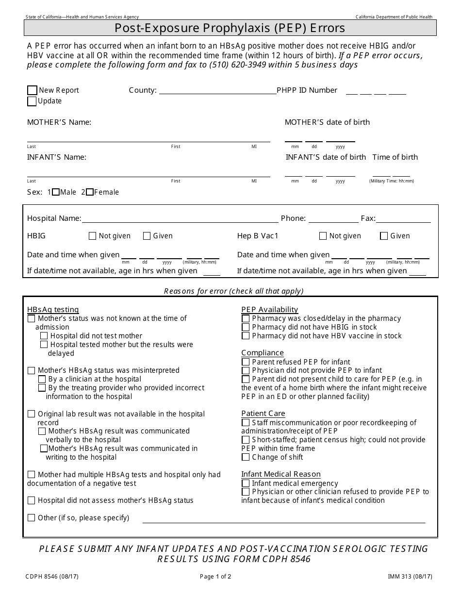 Form CDPH8546 (IMM313) Post-exposure Prophylaxis (Pep) Errors - California, Page 1