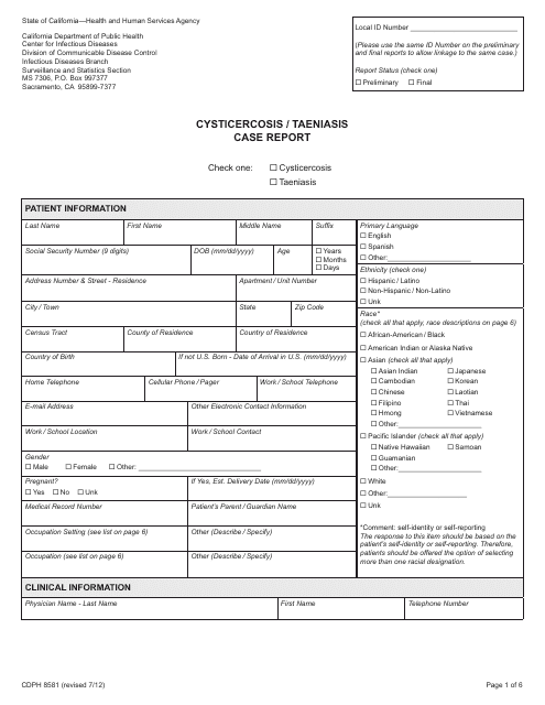 Form CDPH8581 Cysticercosis/Taeniasis Case Report - California