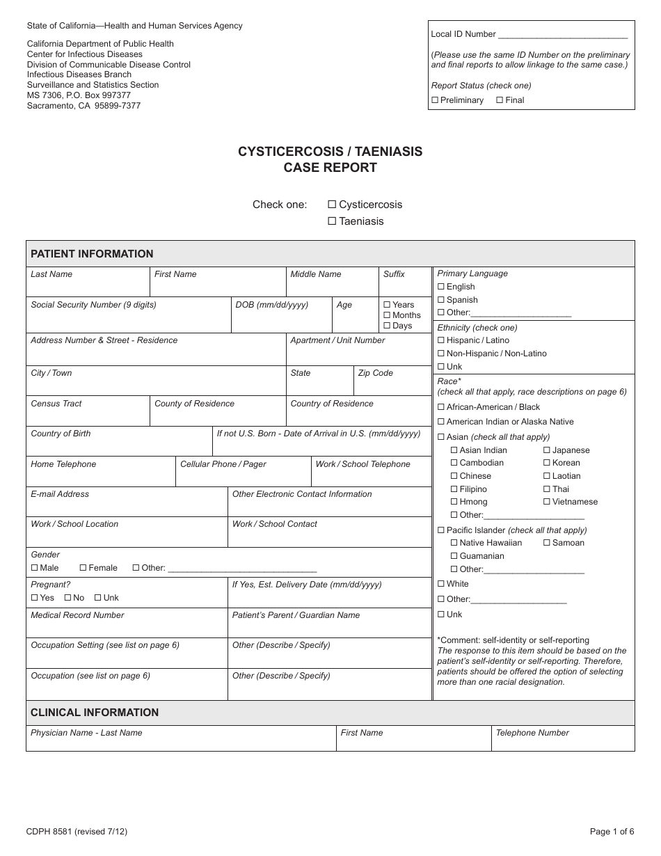 Form CDPH8581 Cysticercosis / Taeniasis Case Report - California, Page 1