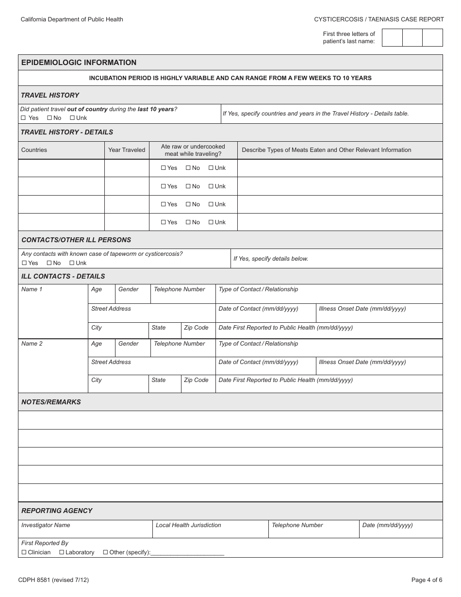 Form CDPH8581 Cysticercosis / Taeniasis Case Report - California, Page 4