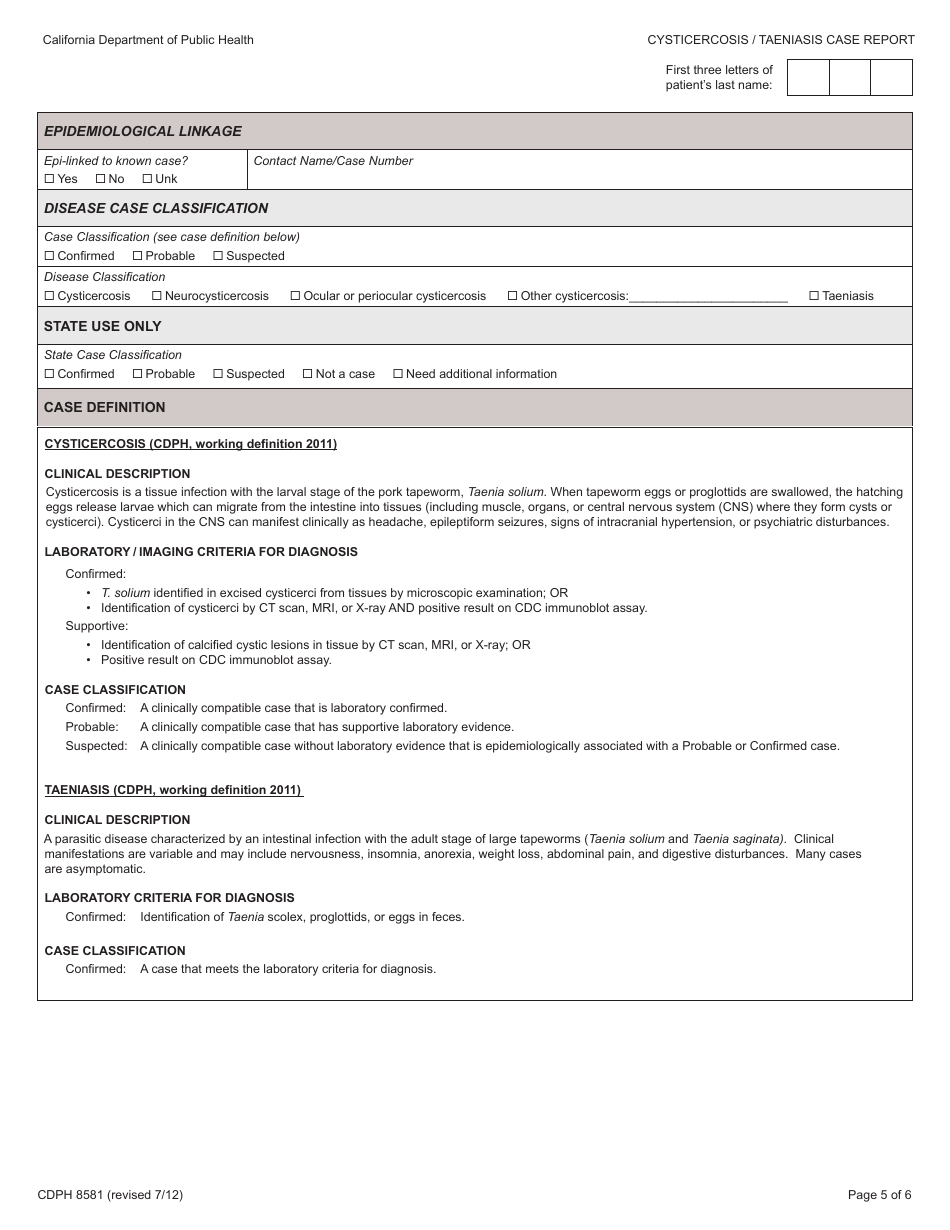 Form CDPH8581 Cysticercosis / Taeniasis Case Report - California, Page 5