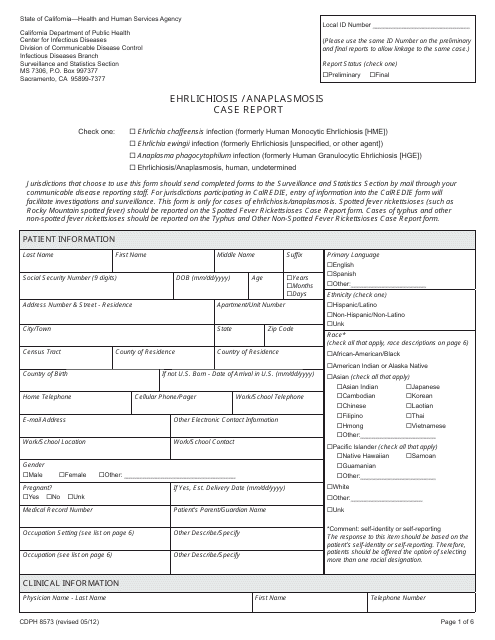 Form CDPH8573 Ehrlichiosis/Anaplasmosis Case Report - California