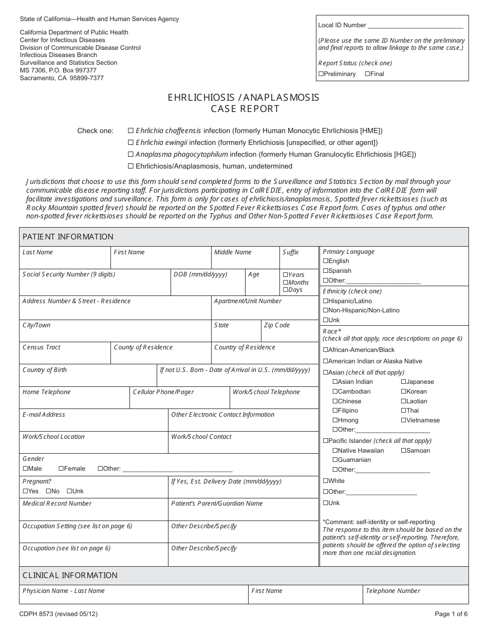 Form CDPH8573 Ehrlichiosis / Anaplasmosis Case Report - California, Page 1