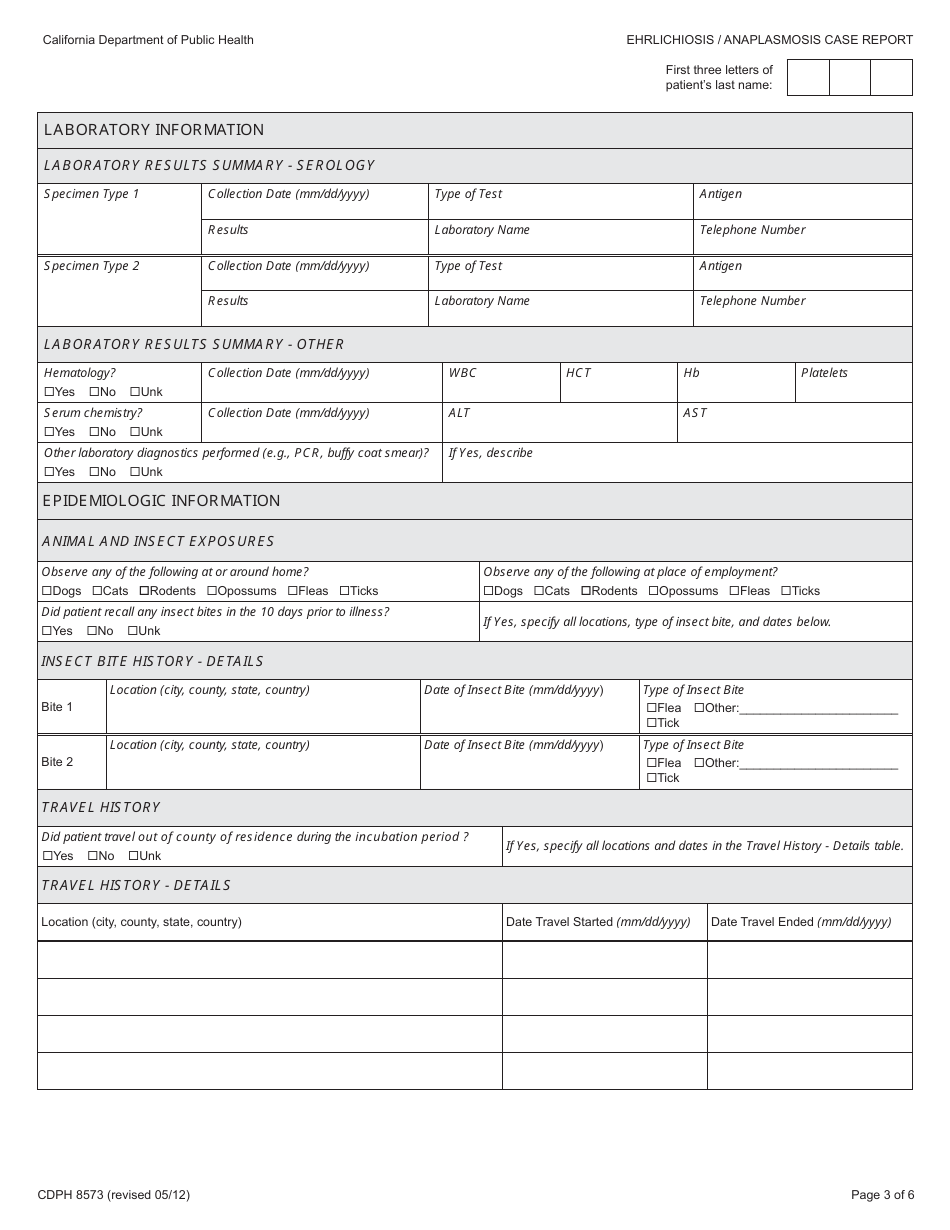 Form CDPH8573 Ehrlichiosis / Anaplasmosis Case Report - California, Page 3