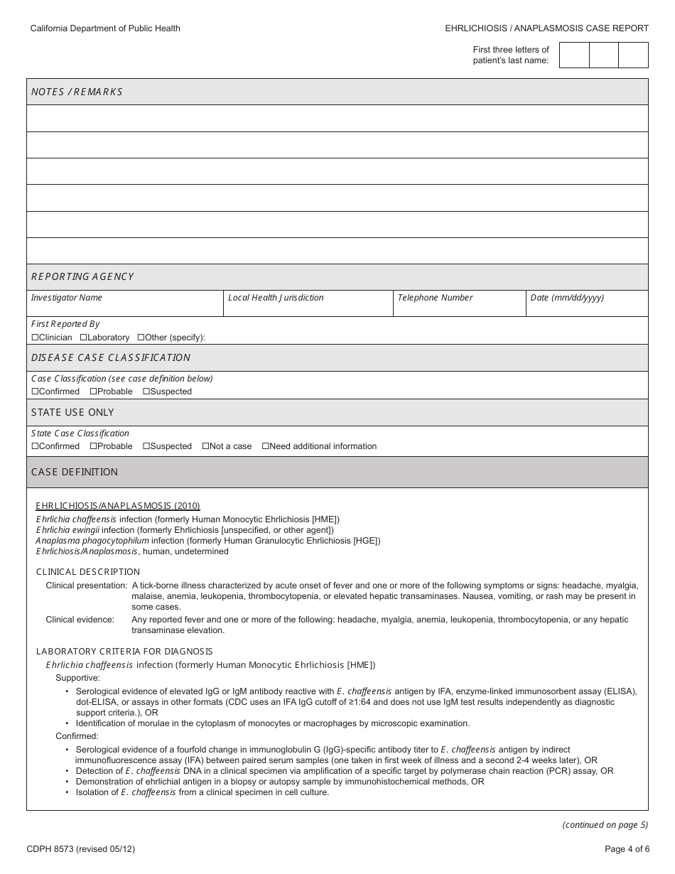 Form CDPH8573 Ehrlichiosis / Anaplasmosis Case Report - California, Page 4