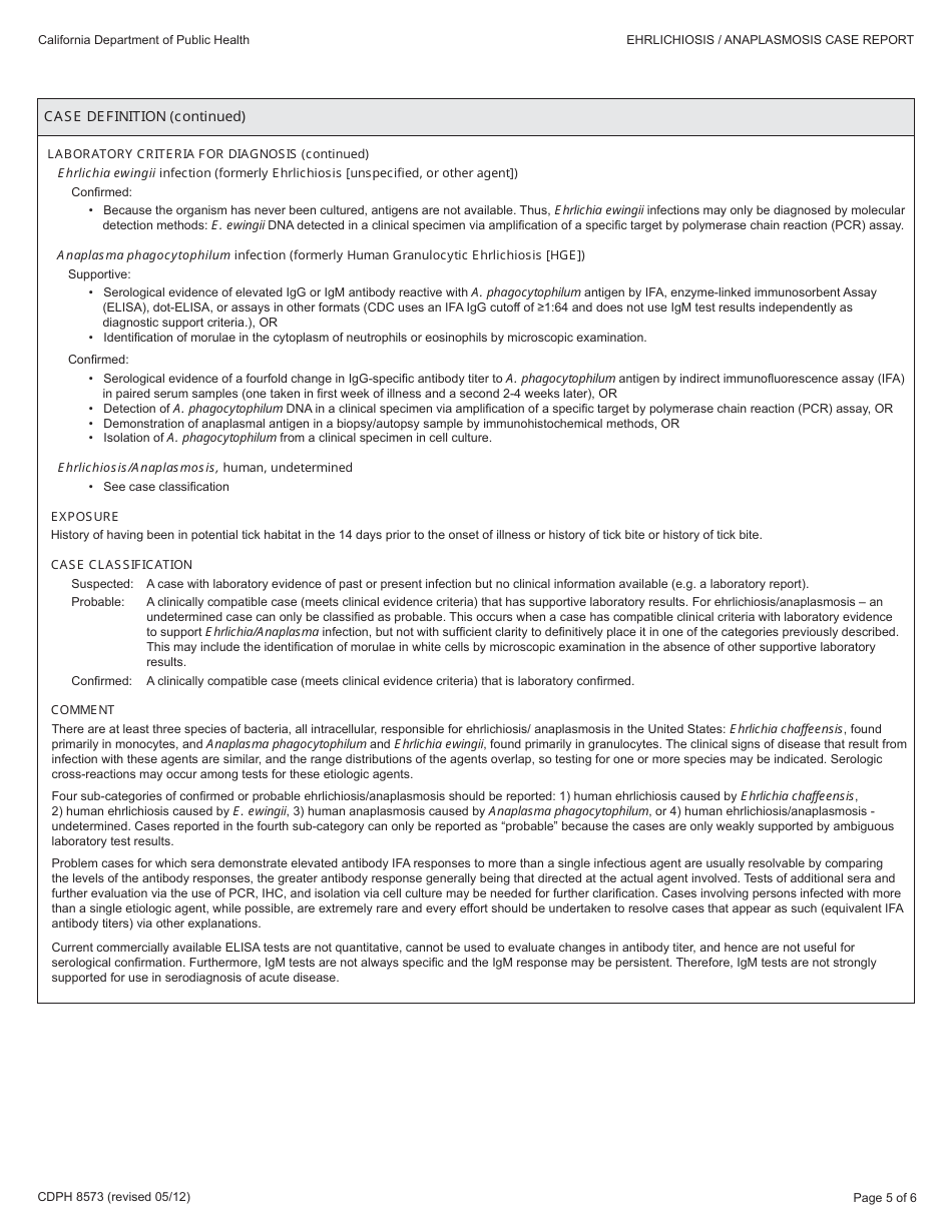 Form CDPH8573 Ehrlichiosis / Anaplasmosis Case Report - California, Page 5