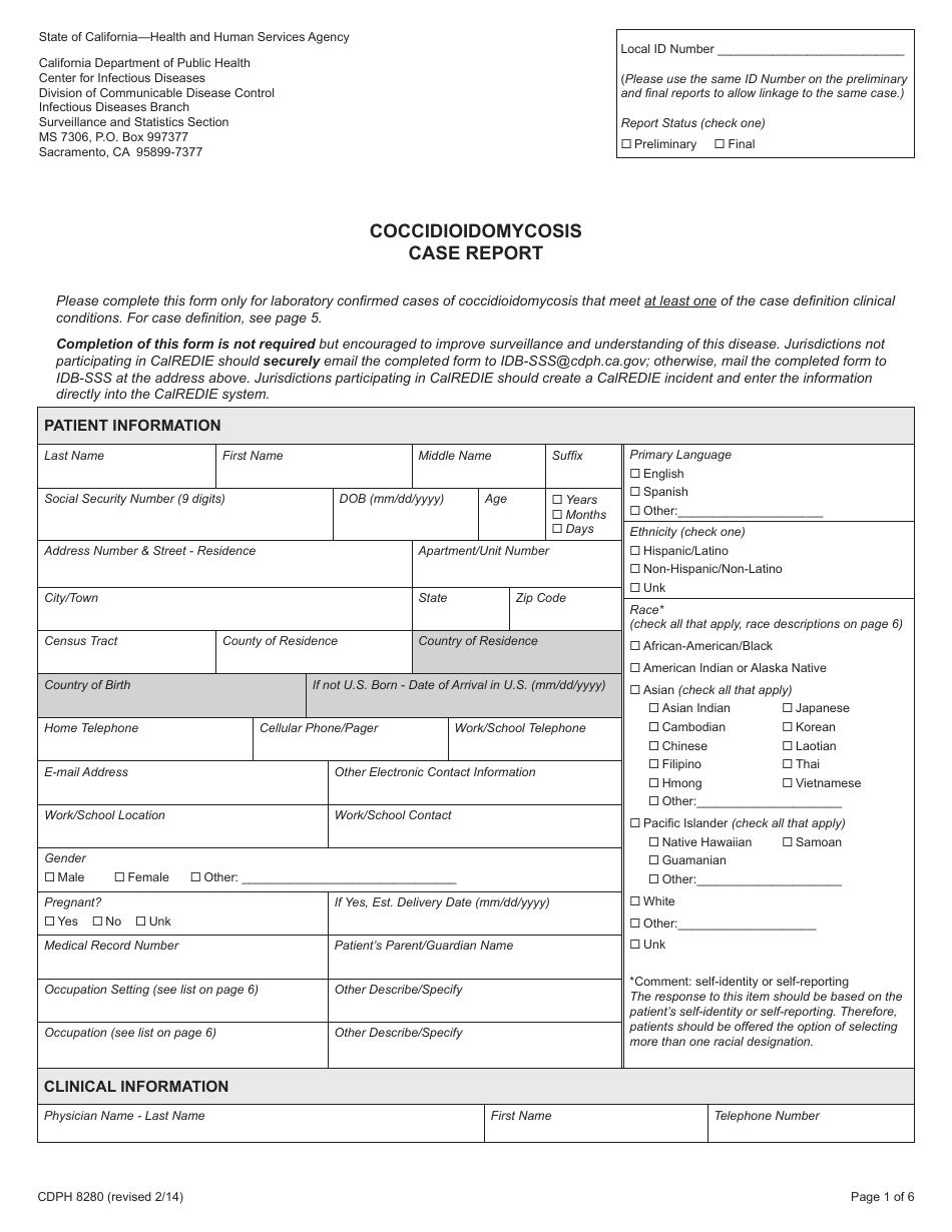 Form CDPH8280 Coccidioidomycosis Case Report - California, Page 1