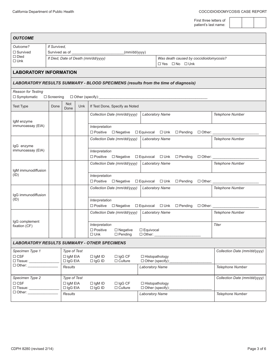 Form CDPH8280 Coccidioidomycosis Case Report - California, Page 3