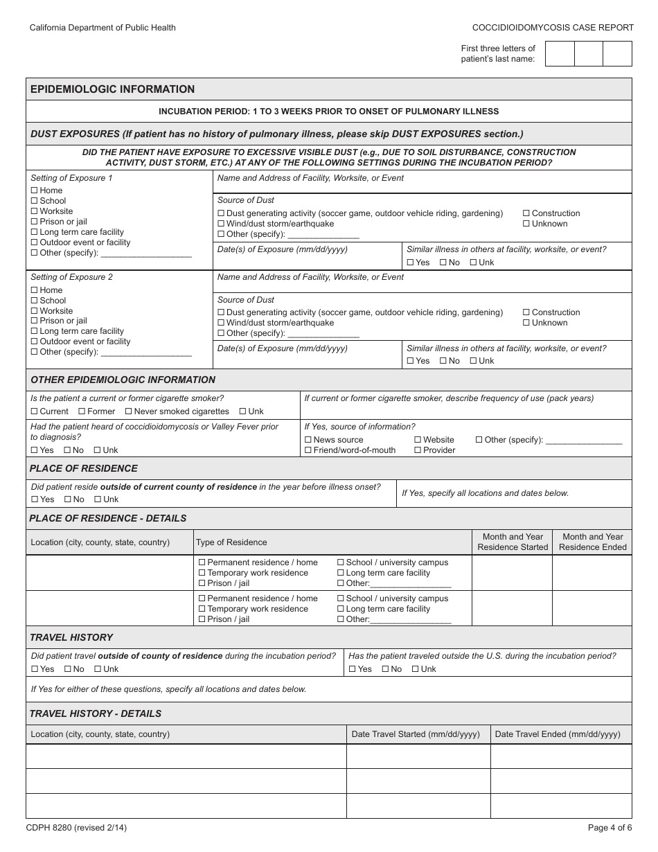 Form CDPH8280 Coccidioidomycosis Case Report - California, Page 4