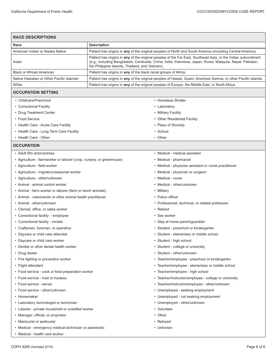 Form CDPH8280 Coccidioidomycosis Case Report - California, Page 6