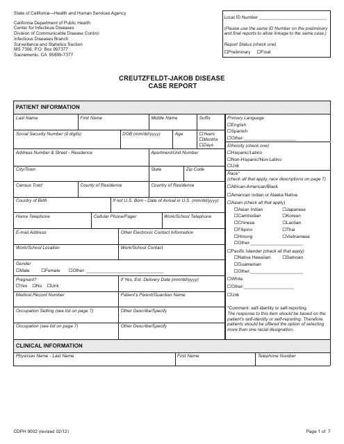 Form CDPH9002 Creutzfeldt-Jakob Disease Case Report - California