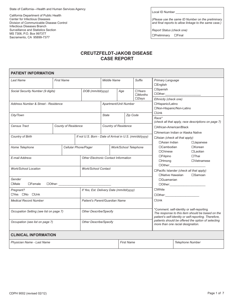 Form CDPH9002 Creutzfeldt-Jakob Disease Case Report - California, Page 1