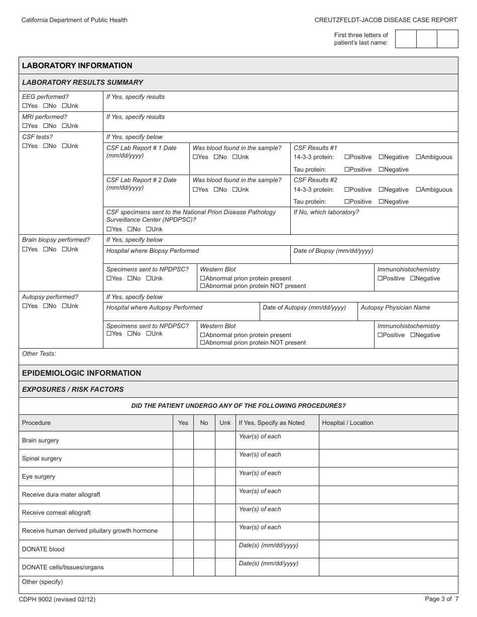 Form CDPH9002 Creutzfeldt-Jakob Disease Case Report - California, Page 3