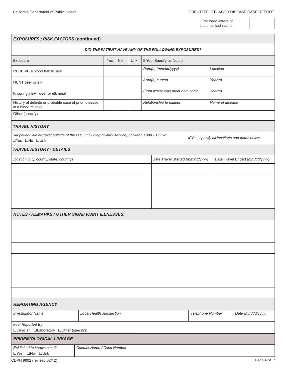 Form CDPH9002 Creutzfeldt-Jakob Disease Case Report - California, Page 4