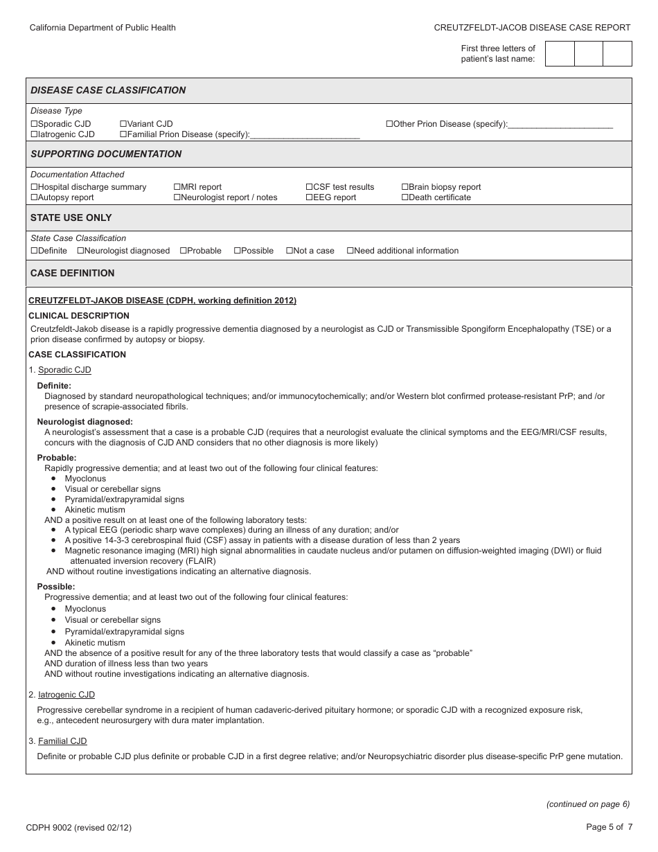 Form CDPH9002 Creutzfeldt-Jakob Disease Case Report - California, Page 5