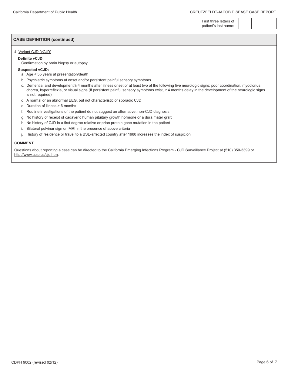 Form CDPH9002 Creutzfeldt-Jakob Disease Case Report - California, Page 6