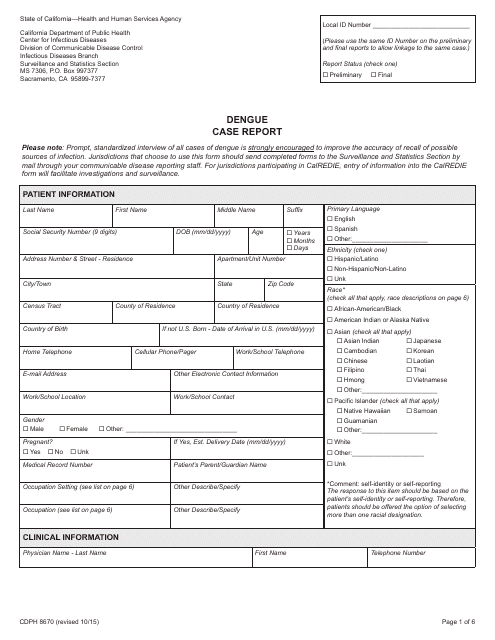 Form CDPH8670 Dengue Case Report - California