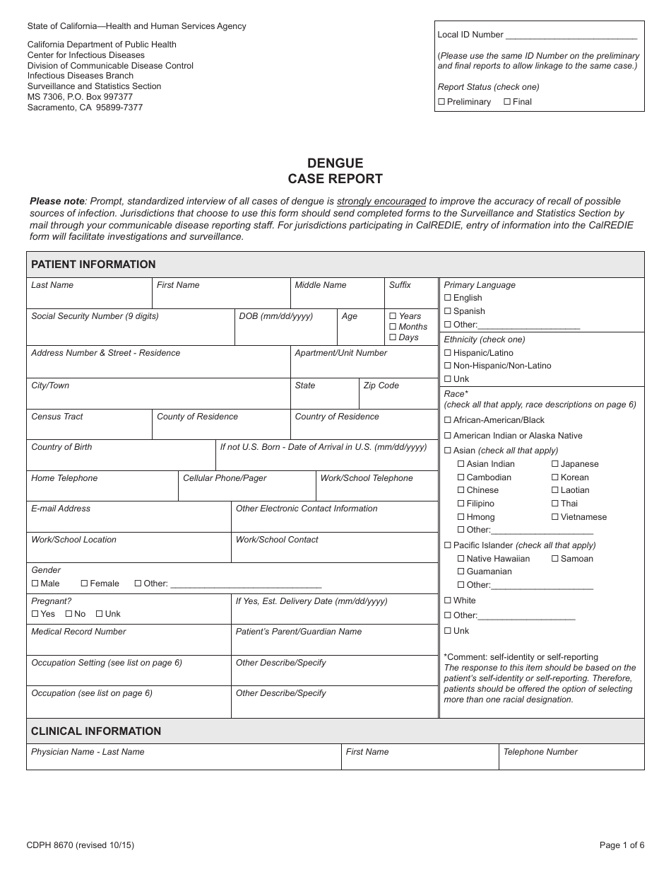 Form CDPH8670 Dengue Case Report - California, Page 1