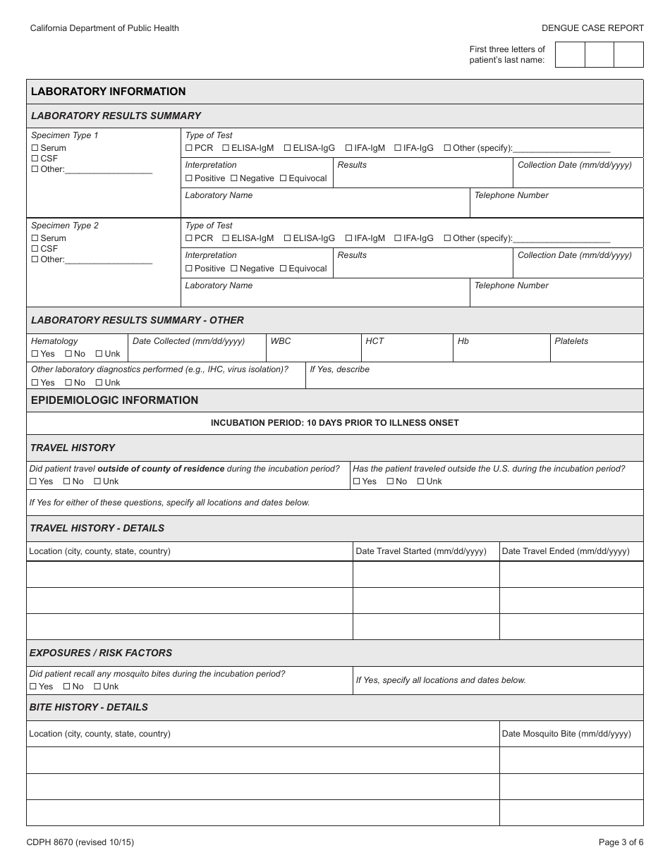 Form CDPH8670 Dengue Case Report - California, Page 3