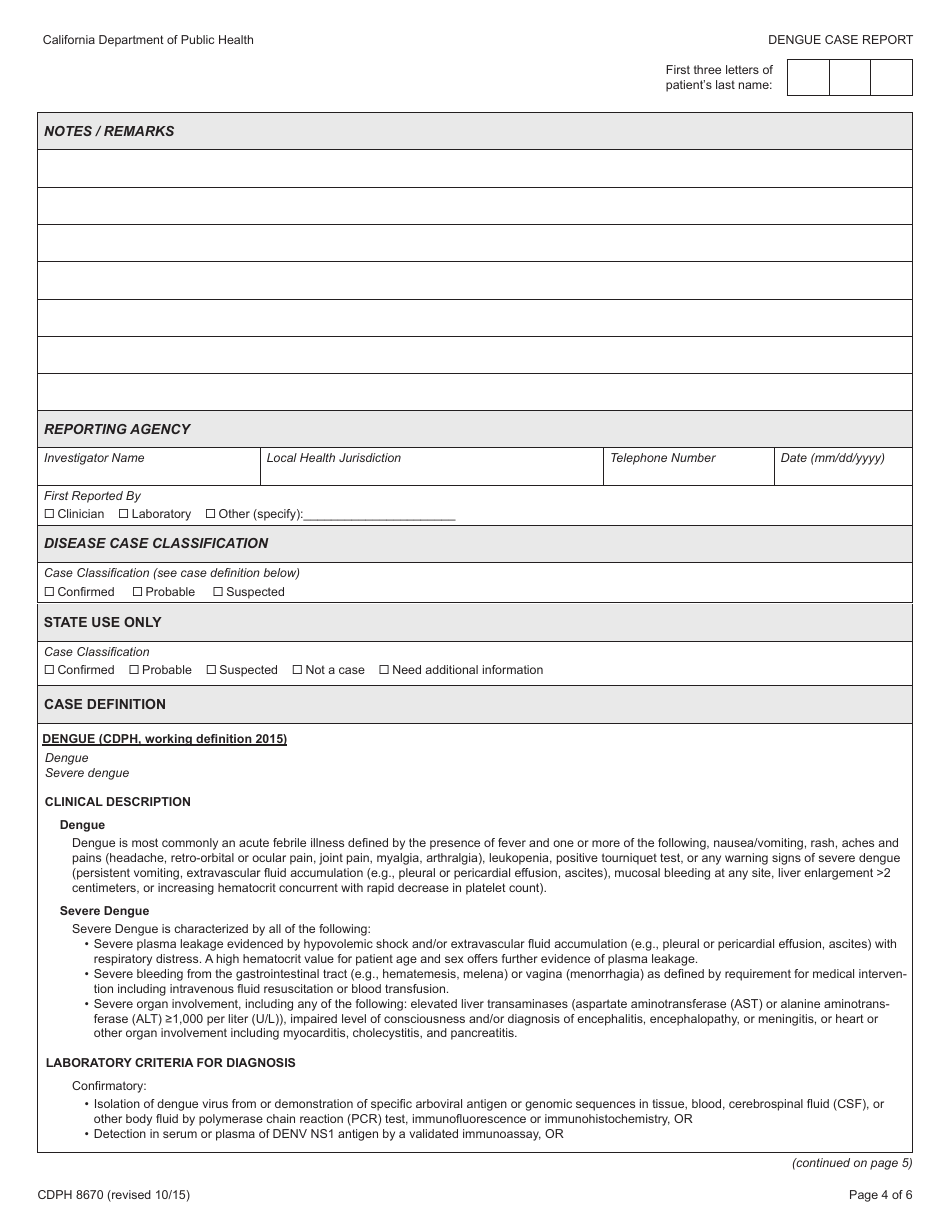 Form CDPH8670 Dengue Case Report - California, Page 4
