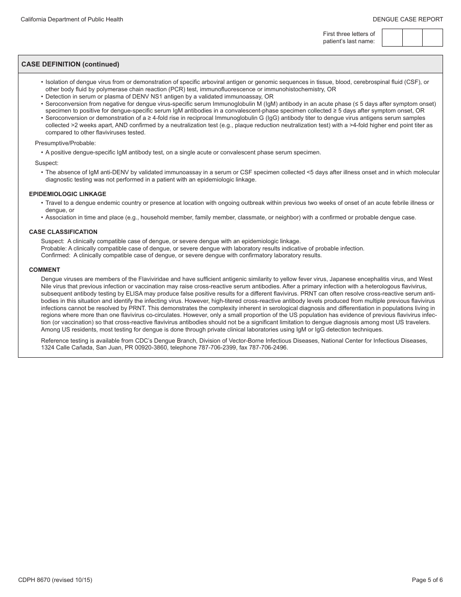 Form CDPH8670 Dengue Case Report - California, Page 5