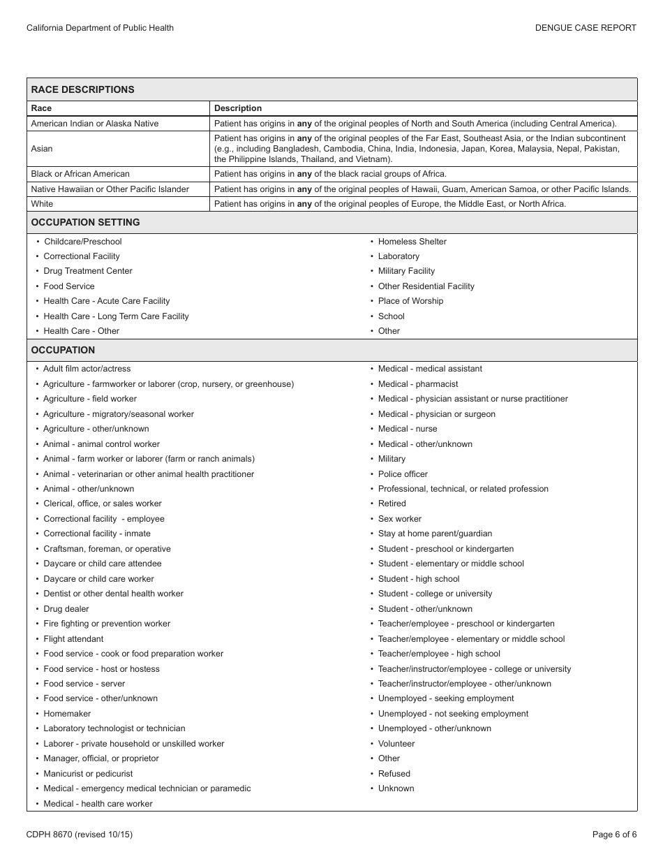 Form CDPH8670 Dengue Case Report - California, Page 6