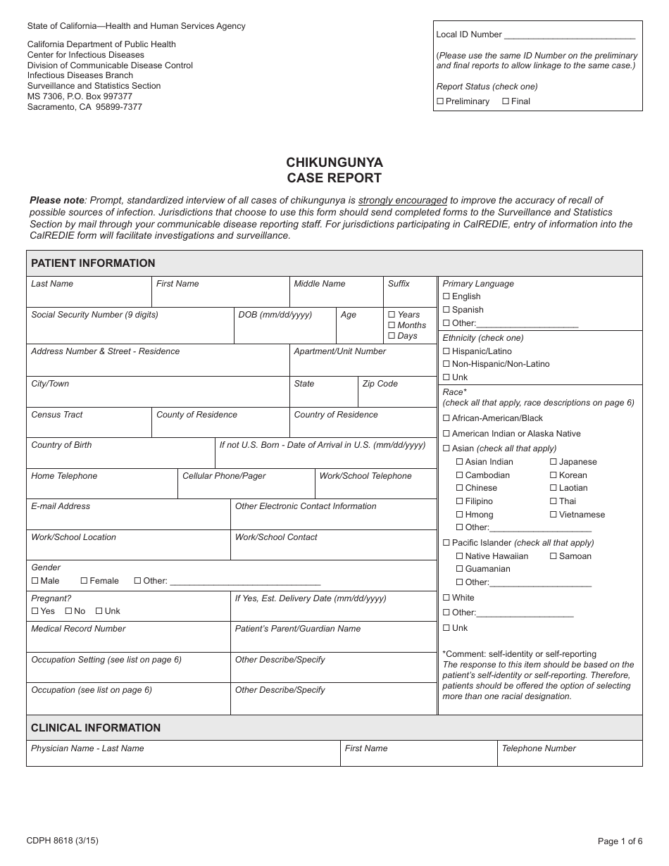 Form CDPH8618 Chikungunya Case Report - California, Page 1