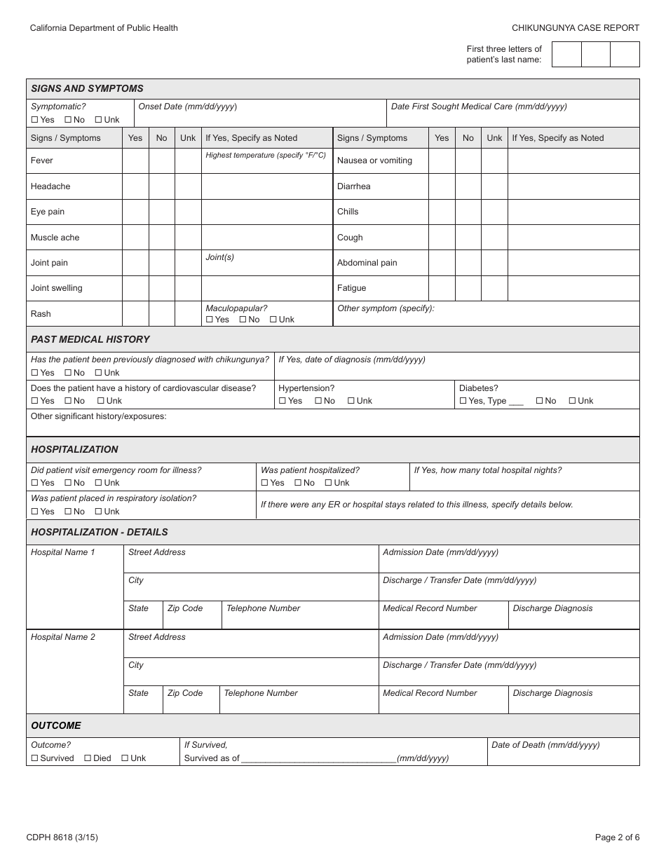Form CDPH8618 Chikungunya Case Report - California, Page 2