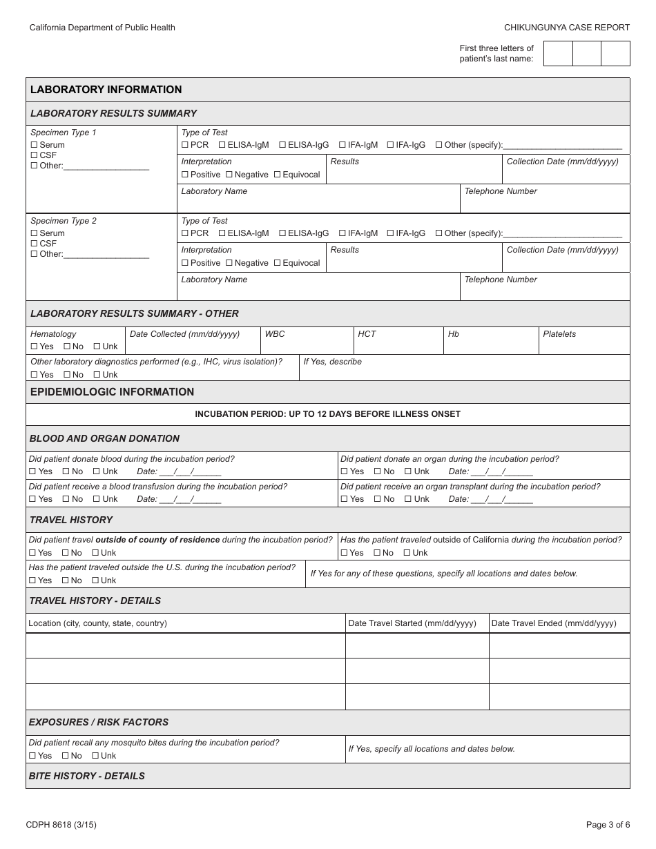 Form CDPH8618 Chikungunya Case Report - California, Page 3