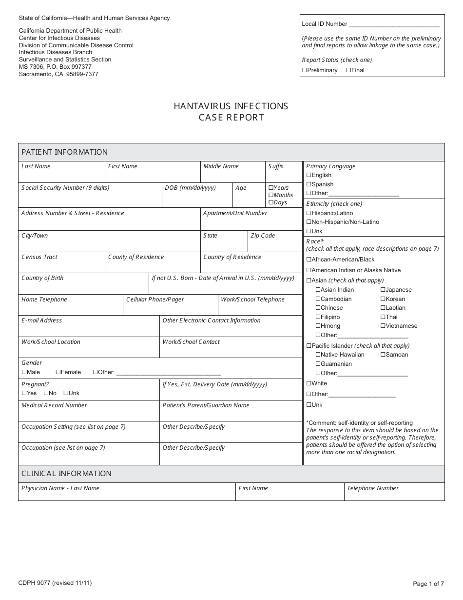 Form CDPH9077 Hantavirus Infections Case Report - California, Page 1