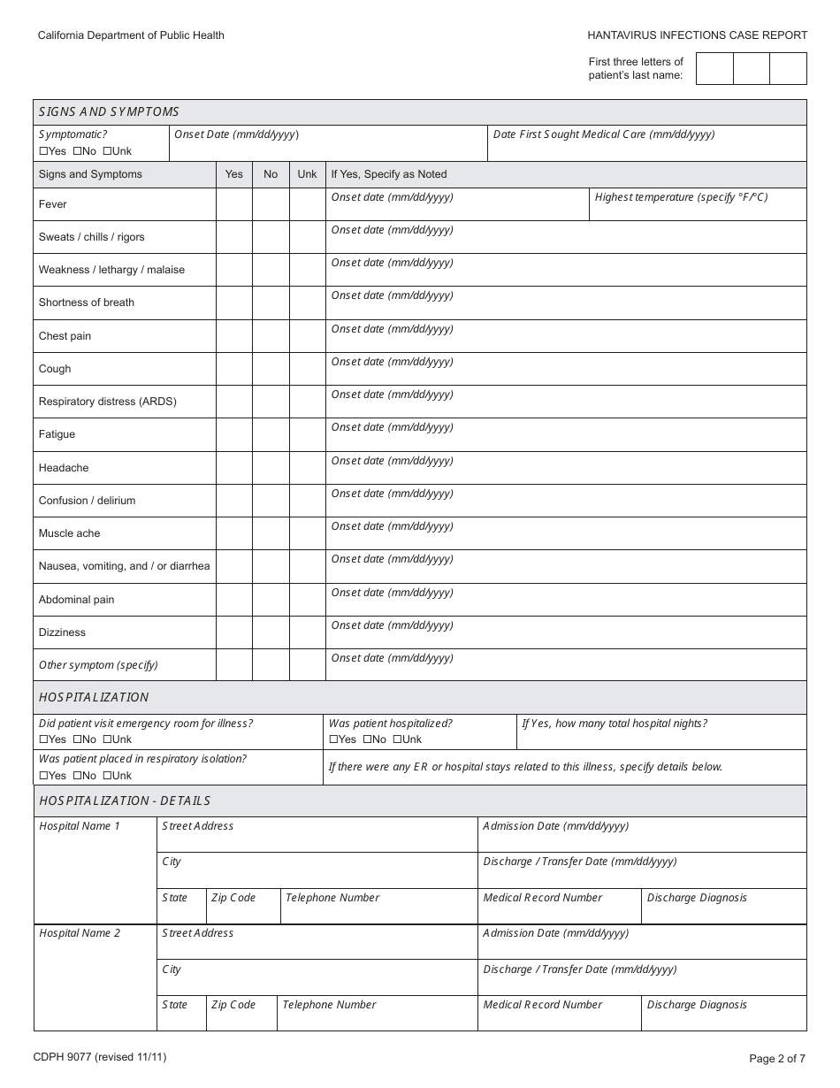Form CDPH9077 Hantavirus Infections Case Report - California, Page 2