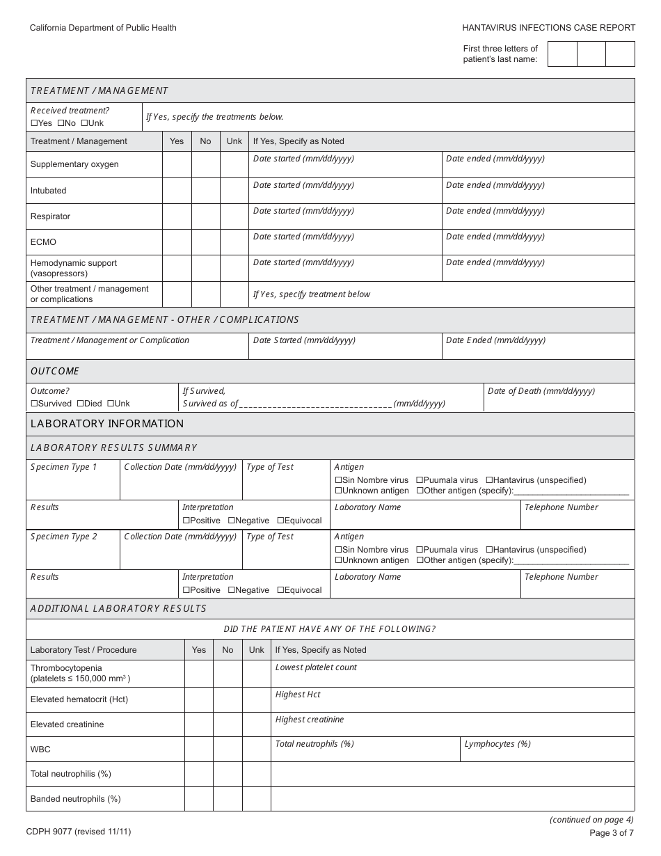 Form CDPH9077 Hantavirus Infections Case Report - California, Page 3
