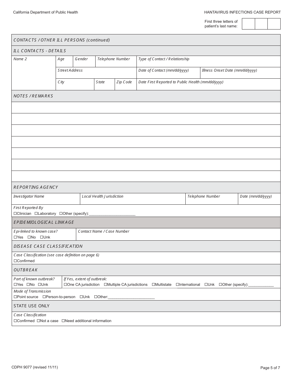 Form CDPH9077 Hantavirus Infections Case Report - California, Page 5