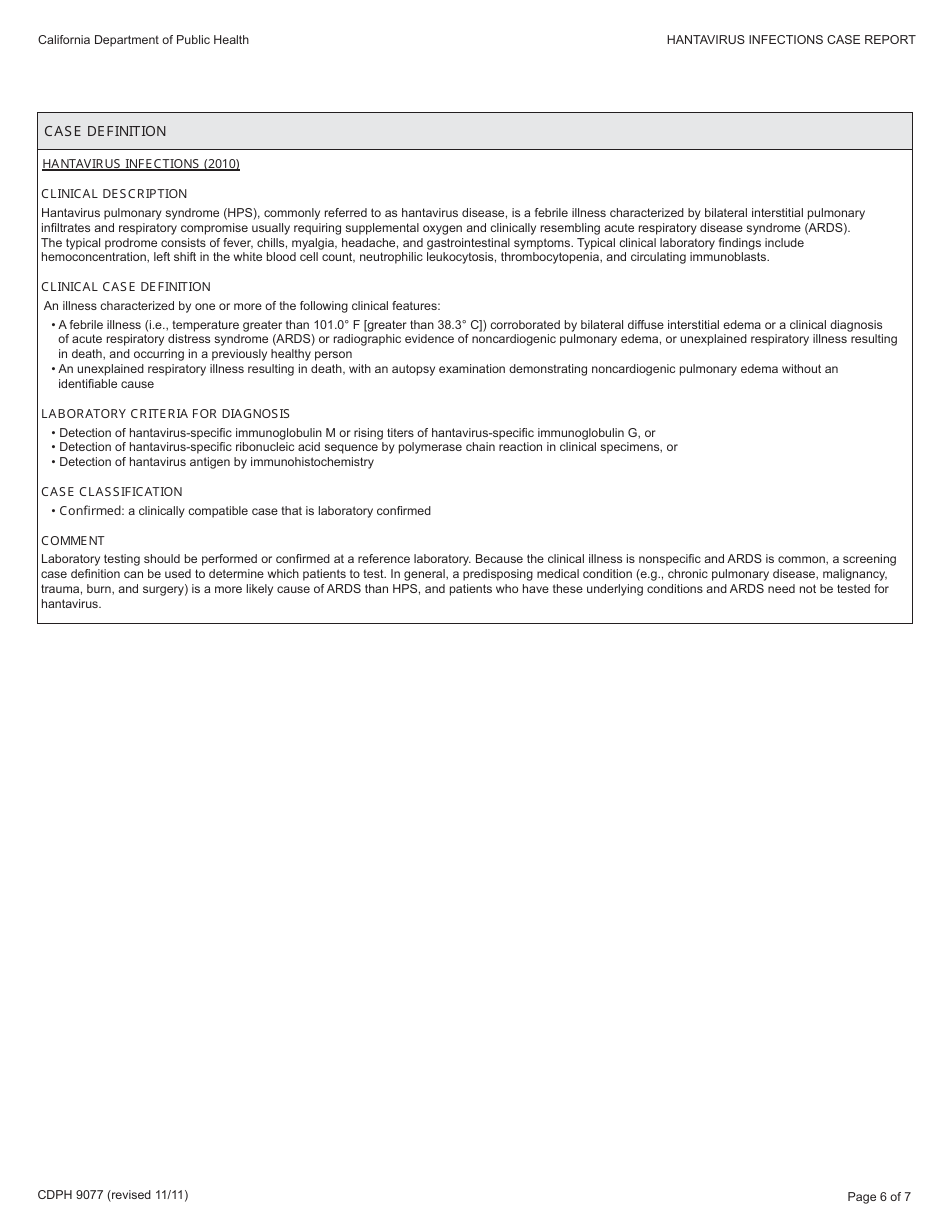 Form CDPH9077 Hantavirus Infections Case Report - California, Page 6