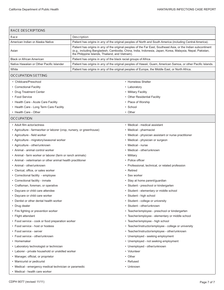 Form CDPH9077 Hantavirus Infections Case Report - California, Page 7