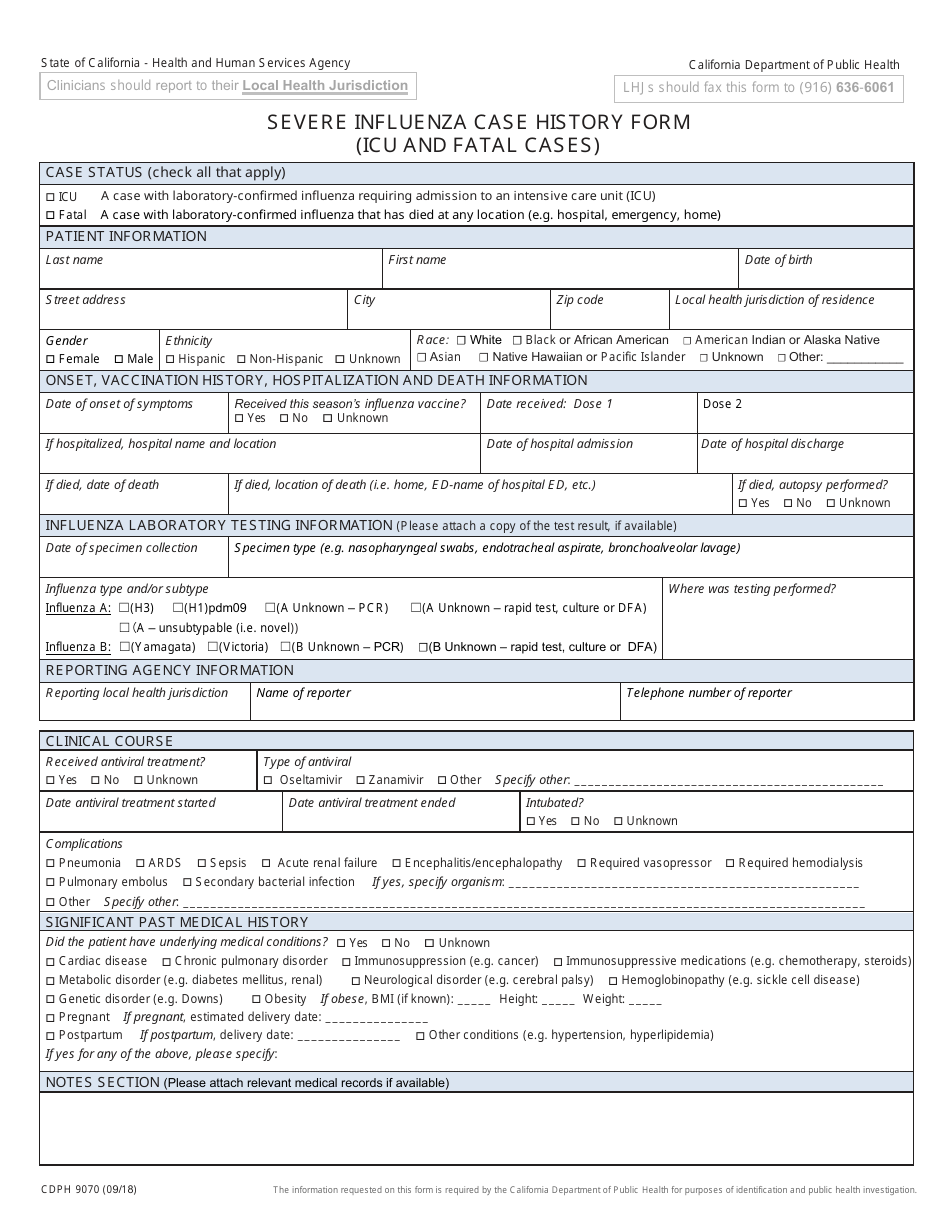 Form CDPH9070 Severe Influenza Case History Form (Icu and Fatal Cases) - California, Page 1