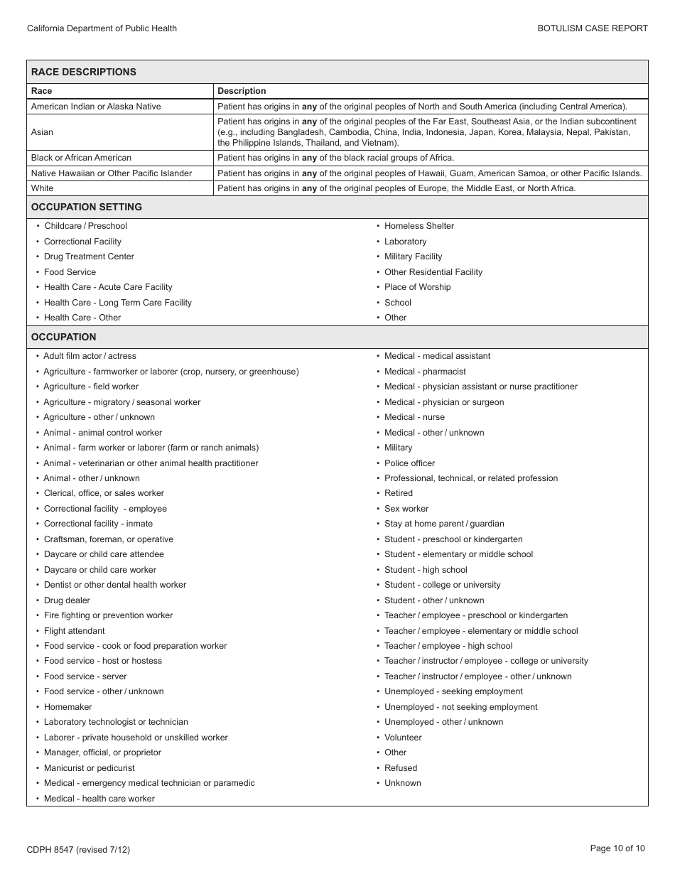 Form CDPH8547 Botulism Case Report - California, Page 10