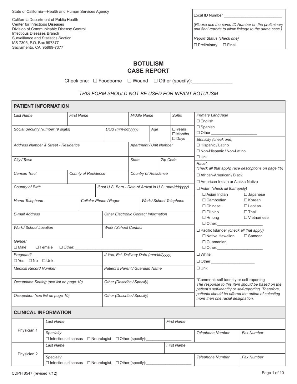 Form CDPH8547 Botulism Case Report - California, Page 1