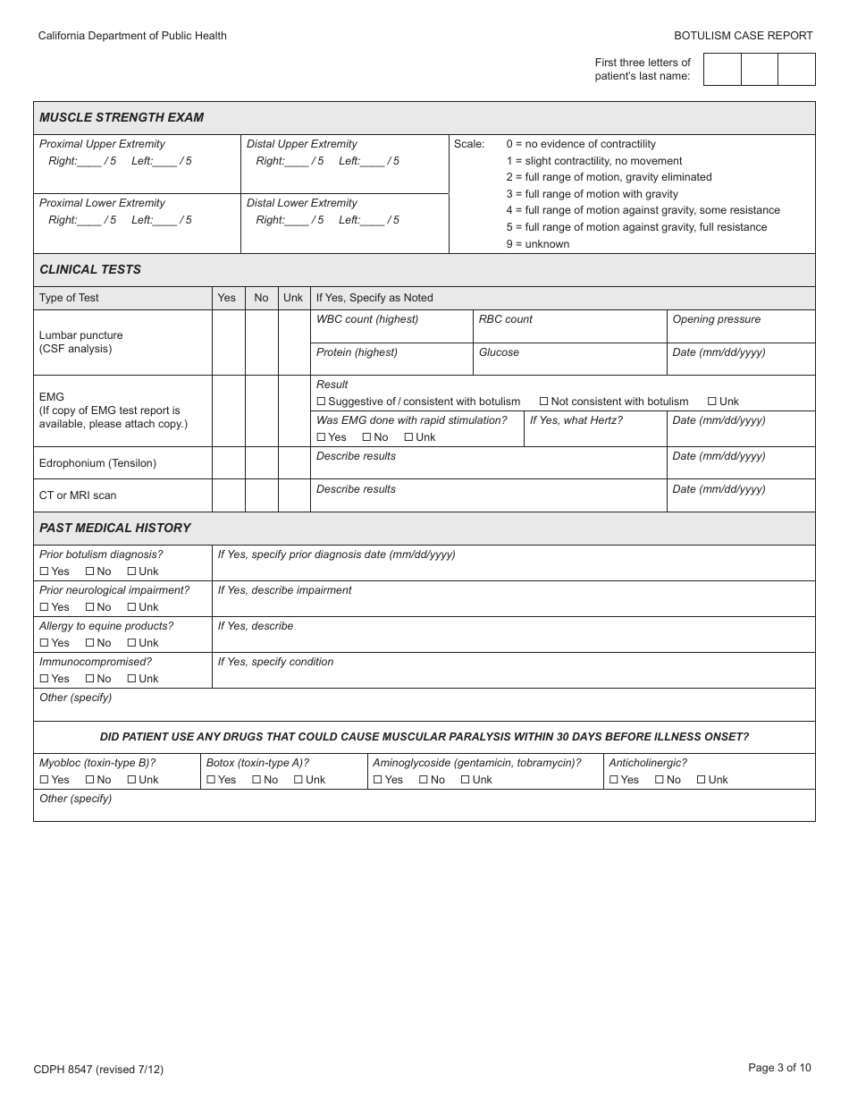 Form CDPH8547 Botulism Case Report - California, Page 3