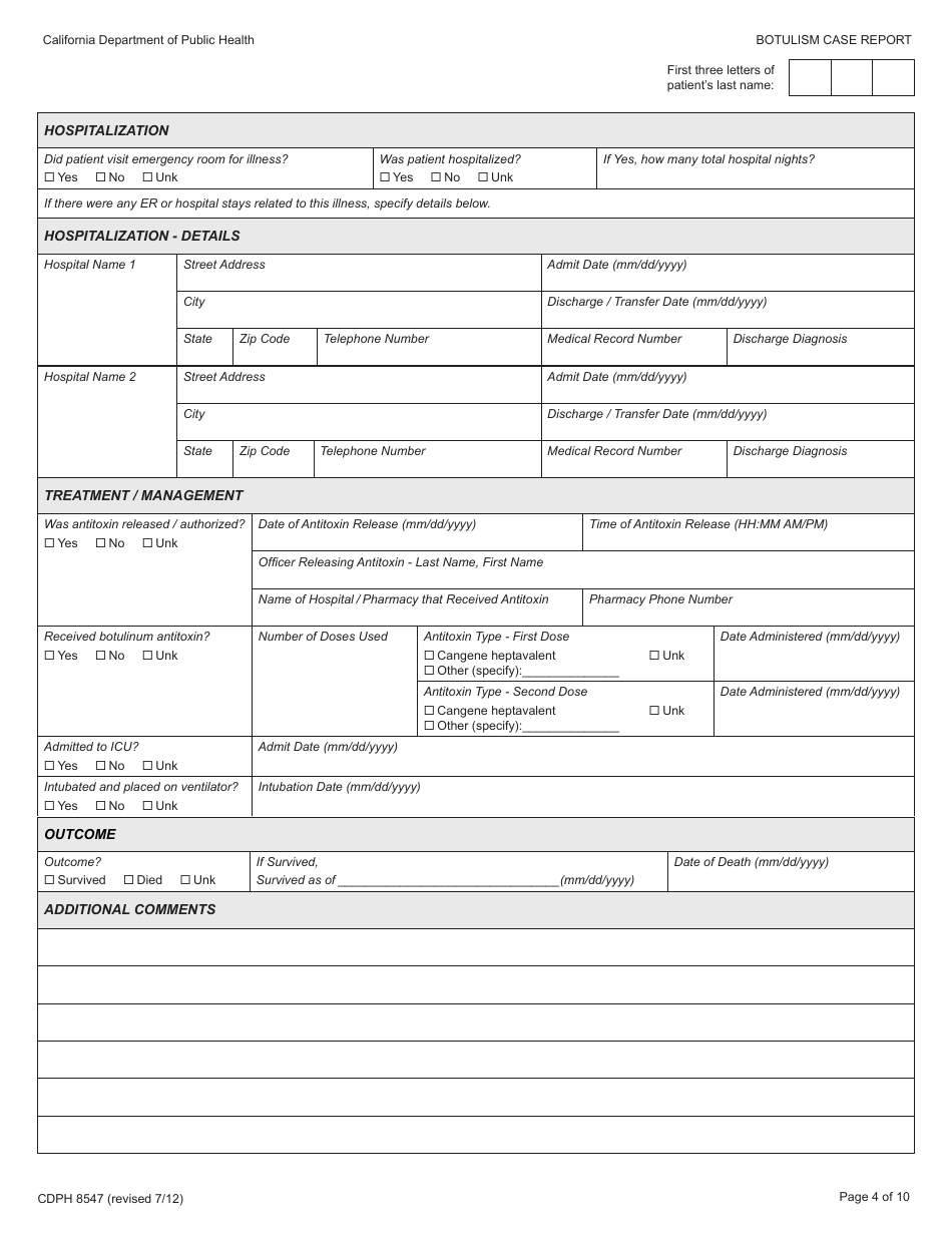 Form CDPH8547 Botulism Case Report - California, Page 4