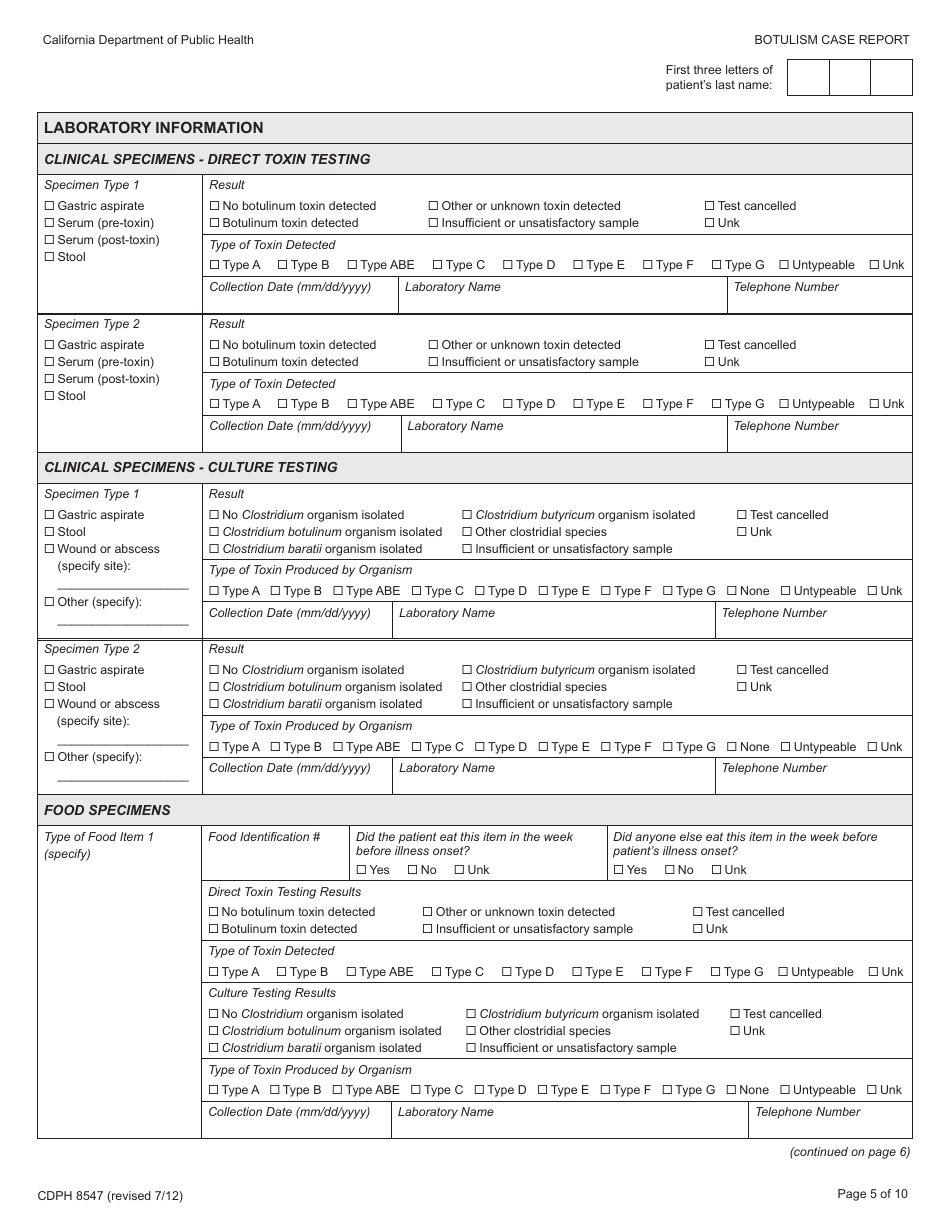 Form CDPH8547 Botulism Case Report - California, Page 5