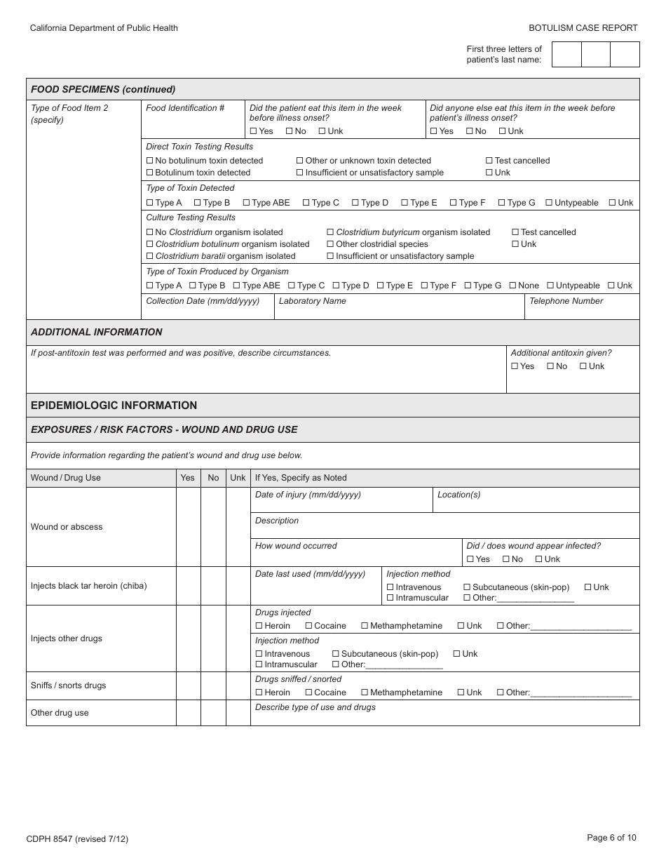 Form CDPH8547 Botulism Case Report - California, Page 6