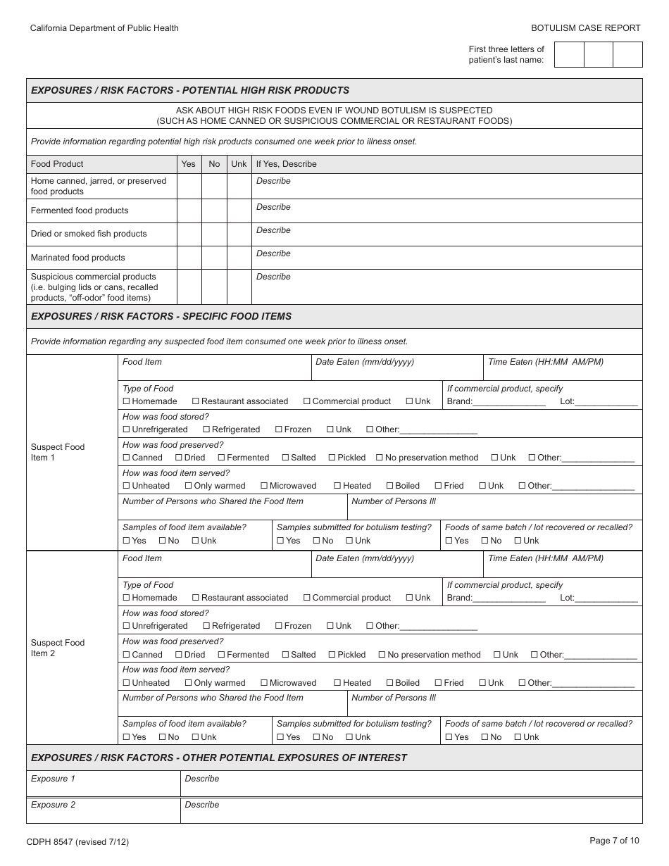 Form CDPH8547 Botulism Case Report - California, Page 7