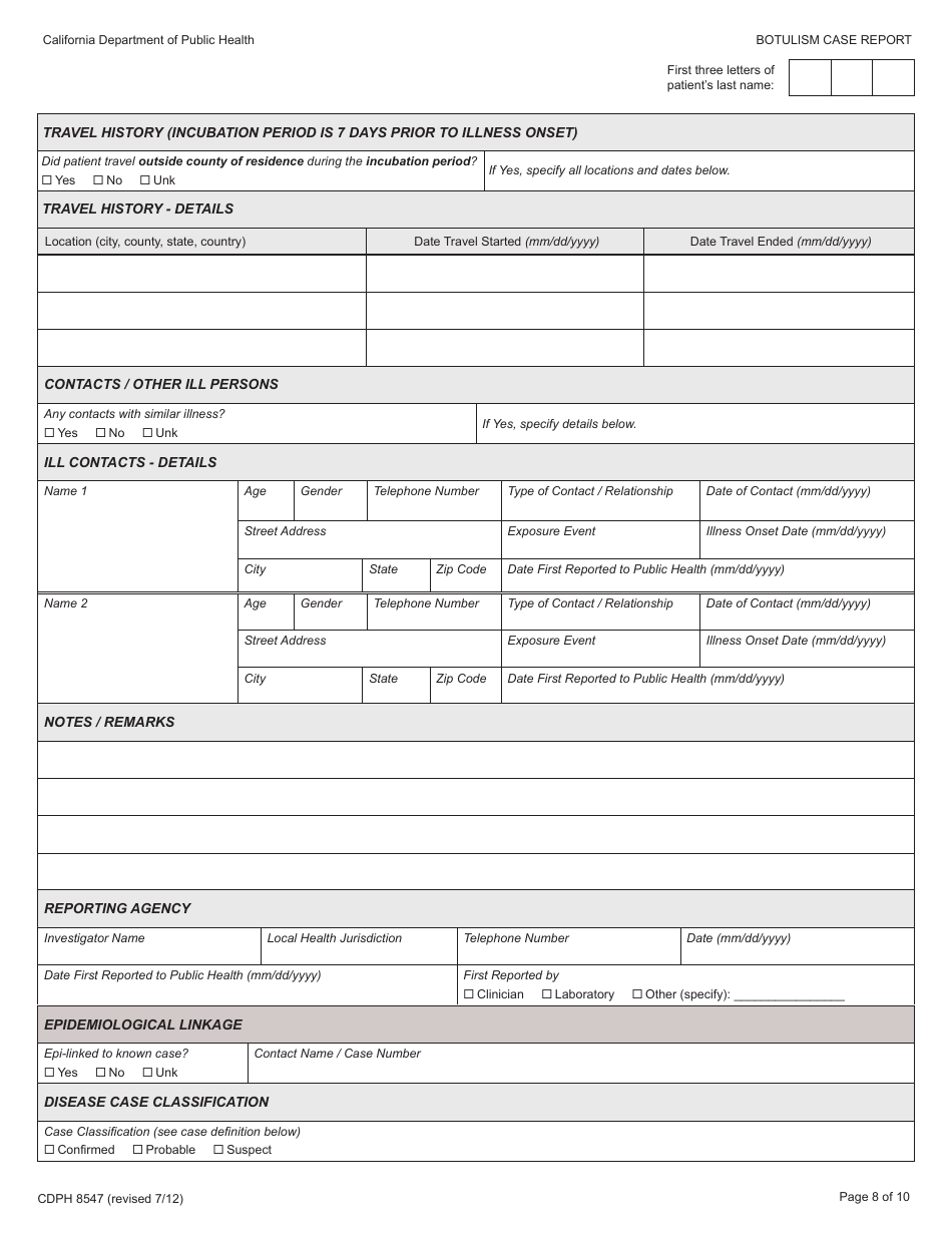Form CDPH8547 Botulism Case Report - California, Page 8