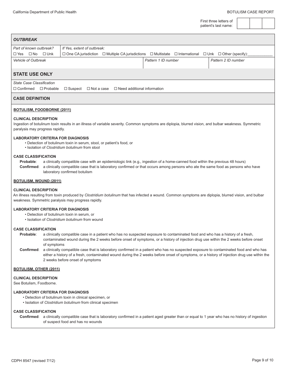 Form CDPH8547 Botulism Case Report - California, Page 9