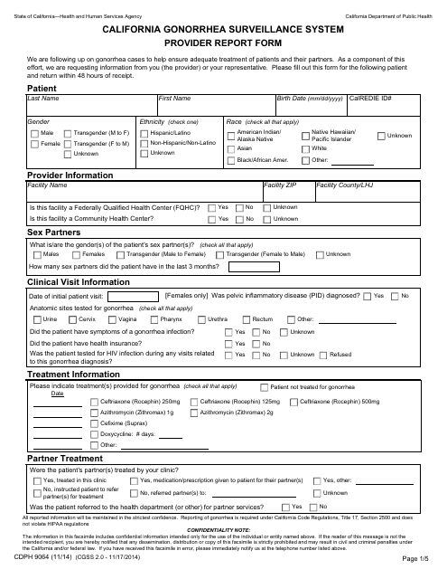 Form CDPH9064 Provider Report Form - California Gonorrhea Surveillance System - California