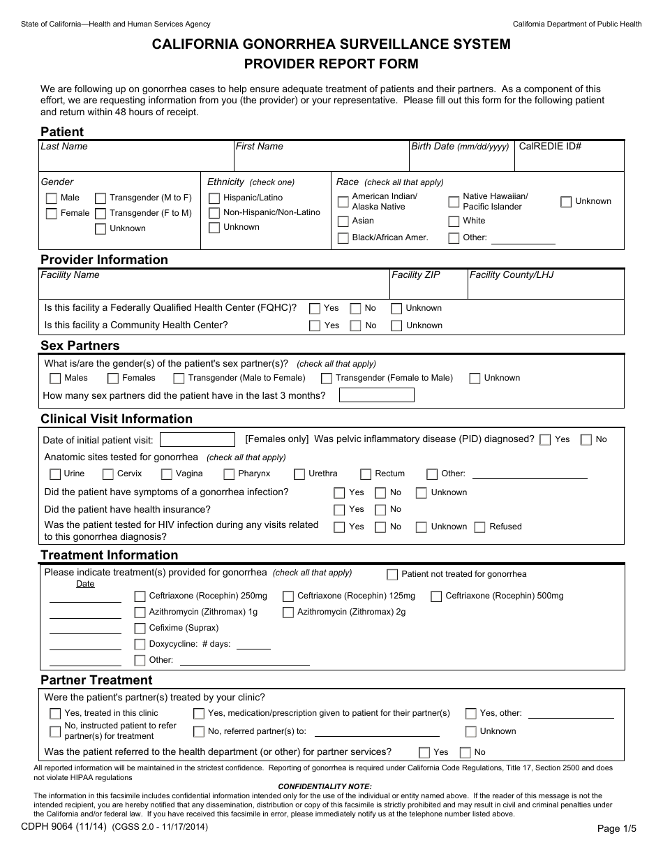 Form CDPH9064 Provider Report Form - California Gonorrhea Surveillance System - California, Page 1