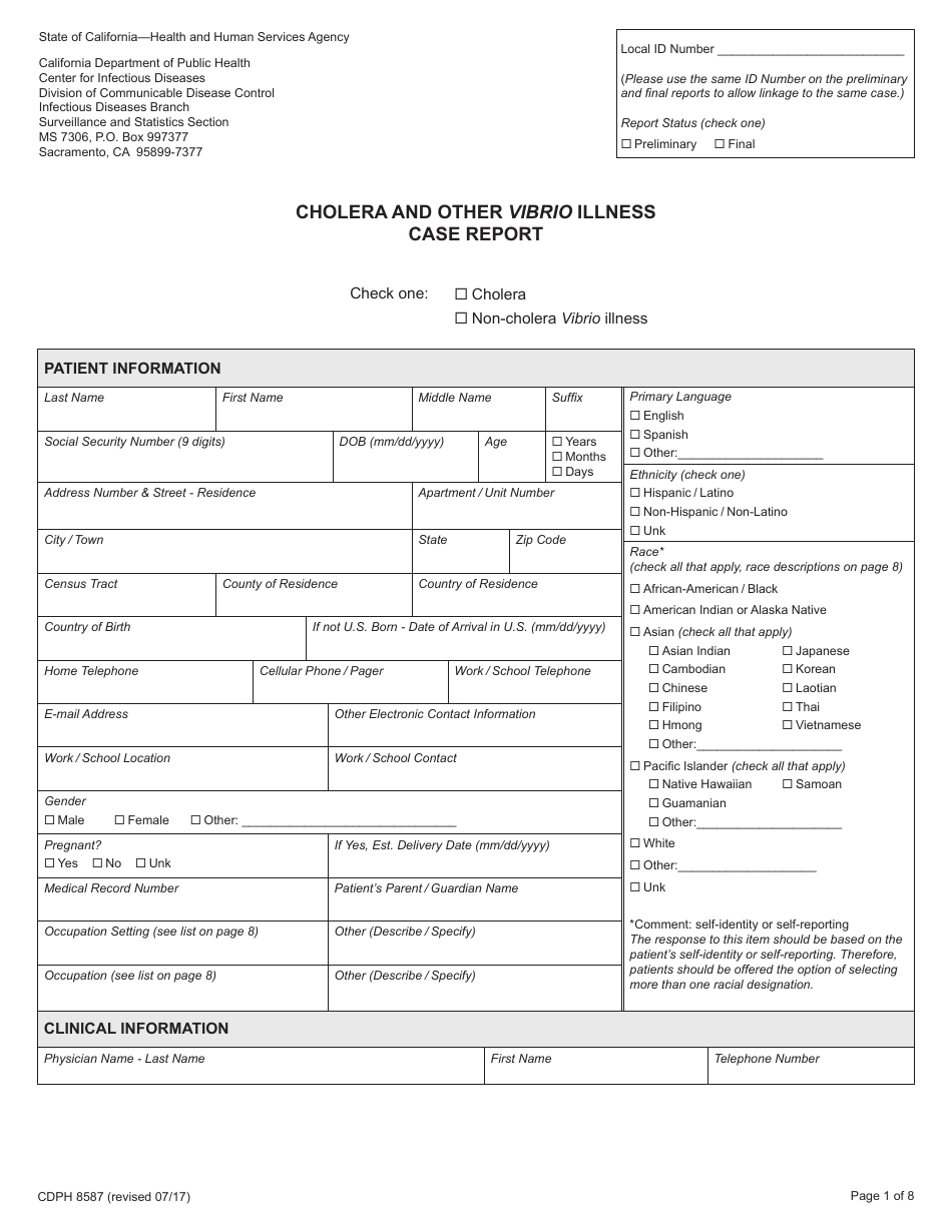 Form CDPH8587 Cholera and Other Vibrio Illness Case Report - California, Page 1