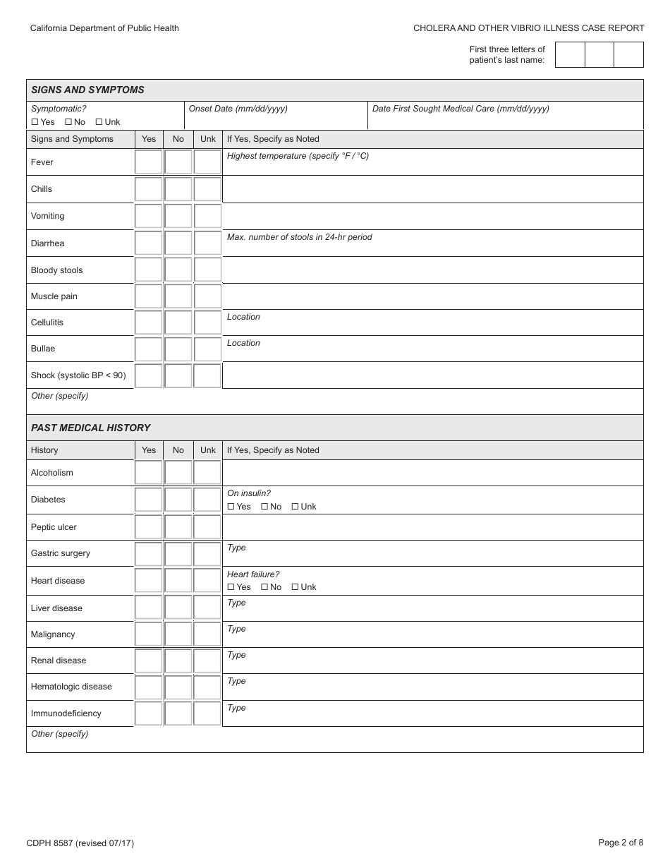 Form CDPH8587 Cholera and Other Vibrio Illness Case Report - California, Page 2